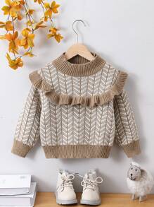 SHEIN Young Girl 荷葉邊飾邊小高領毛衣 - 棕色 - 查看 1