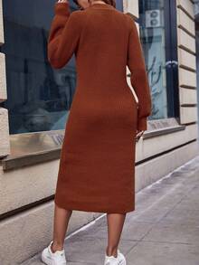 SHEIN Frenchy 1/4拉鍊插肩袖1/4拉鍊毛衣洋裝 - 棕色 - 查看 2