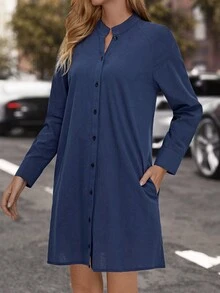 EMERY ROSE Vestido camisero unicolor con botón delantero