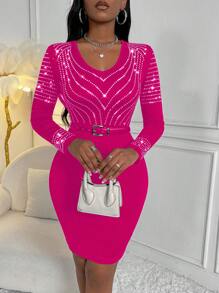 SHEIN Clasi Rhinestone Detail Bodycon Dress Without Belt - Hot Pink - View 1