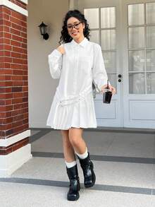 SHEIN MOD 純色釦式前排扣褶邊扣帶腰帶襯衫連衣裙 - 白色 - 查看 3