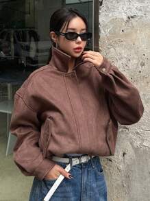 Dazy Star 女式下肩拉鍊開合針織外套 - 棕色 - 查看 4