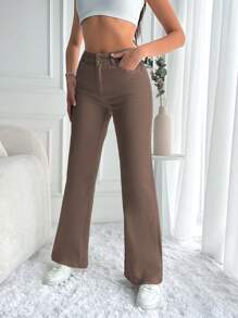 Cottnline Solid Flare Leg Jeans - Brown - View 3