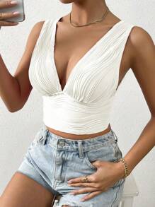 Allurite Plunging Neck Crop Tank Top - White - View 5