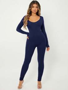 SHEIN SXY Solid Scoop Neck Unitard Jumpsuit - Navy Blue - View 1