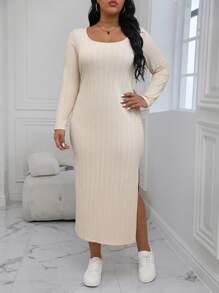 Calvaya 加開衩大腿羅紋針織連身裙 - 杏色 - 查看 3