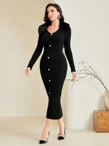 Modelyn Button Front Ribbed Knit Sweater Dress Fall Cloth For Women - Black - View 4