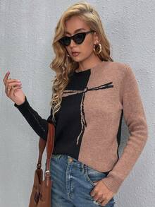 SHEIN Essnce Color Block Dragonfly Patterned Casual Women's Sweater - Khaki - View 5