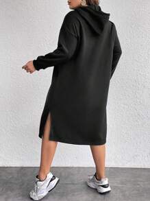 SHEIN LUNE Plus Letter Graphic Drop Shoulder Drawstring Hooded Sweatshirt Dress Graduation,Back To School Outfits,Graduation,Teacher Outfits For Women,Back To School Pullover Fall Outfit - Black - View 2