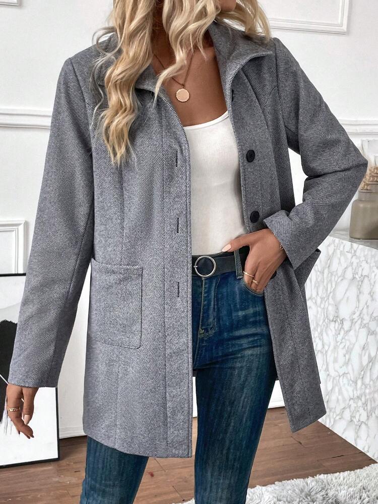 Dual Pocket Button Front Overcoat Fall Cloth For Women