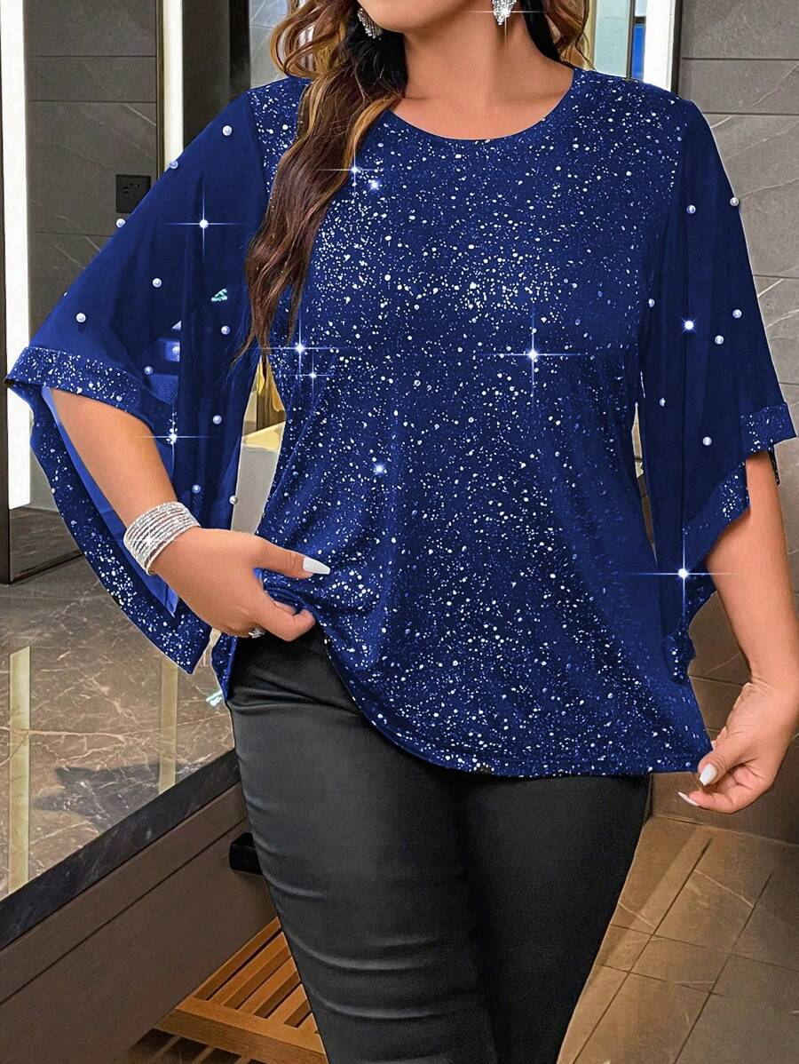 EMERY ROSE Plus Pearls Beaded Trumpet Sleeve Tee - Royal Blue - View 1