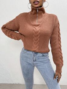 SHEIN Essnce Cable Knit Zipper Front Drop Shoulder Sweater - Coffee Brown - View 4