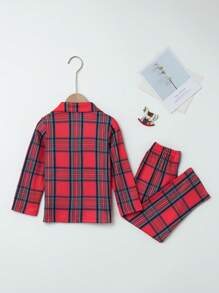 男小童格紋印花口袋貼布襯衫和褲子睡衣套裝 - 紅色 - 查看 2