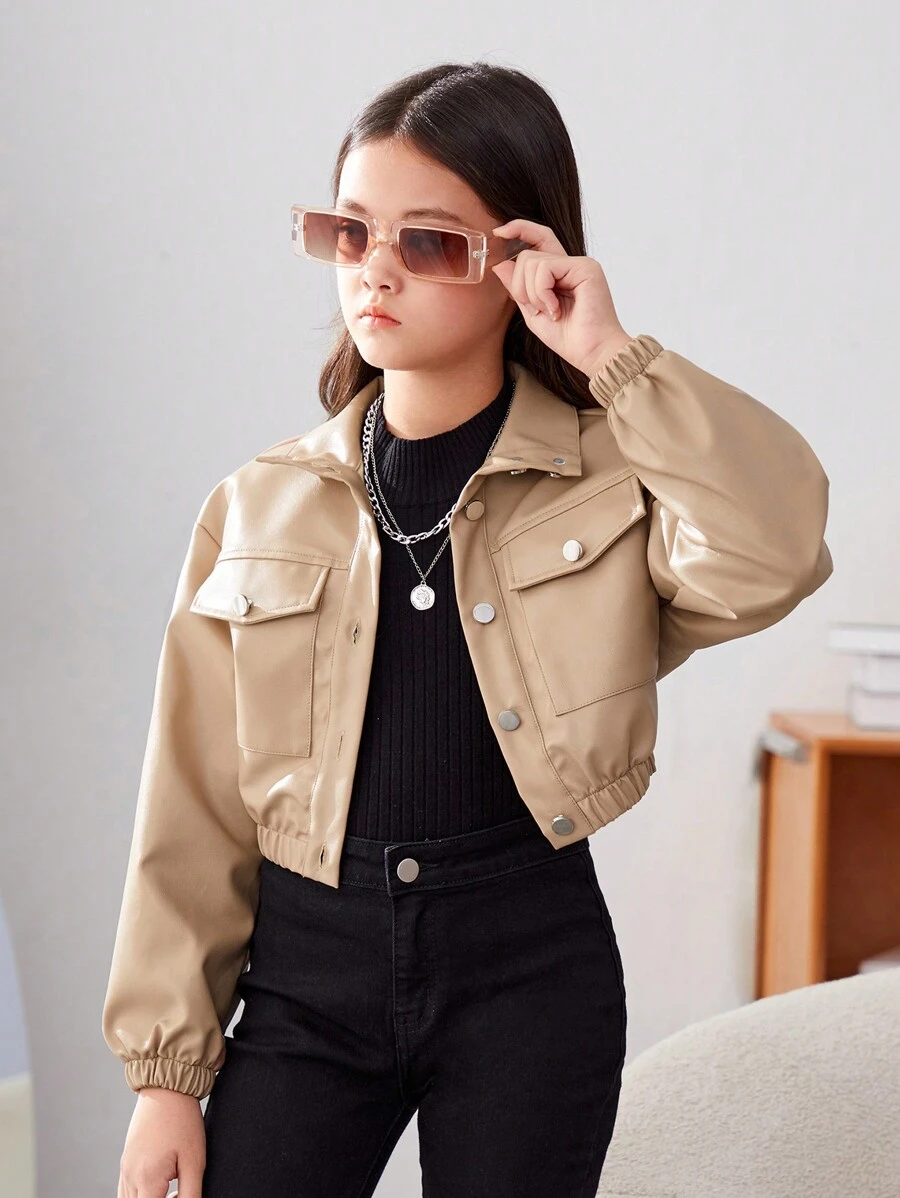 SHEIN 青少女擺蓋口袋pu皮夾克 - 卡其色 - 查看 1