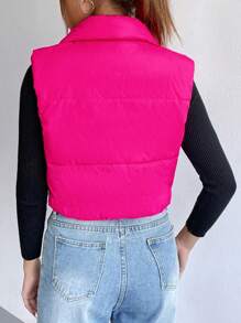 SHEIN Unity Letter Patched Detail Zipper Vest Padded Padded Coat Clothes Winter - Hot Pink - View 2