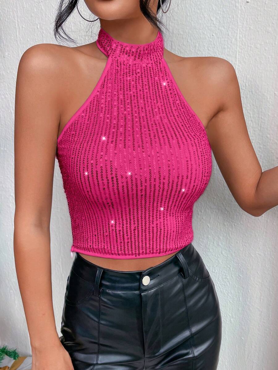 SHEIN BAE 銀色亮片斷肩無袖掛脖上衣 - 玫紅色 - 查看 1