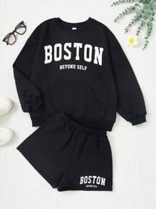 Tween meisje Gebreid Effen kleur Hoodie Met Letterprint En Los Short set