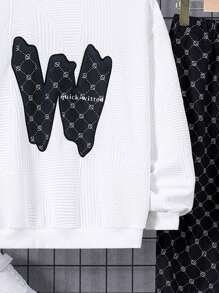 男童寬鬆休閒圓領圖案連帽衫褲子兩件套 - 黑色 - 查看 4