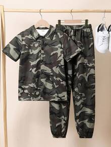 SHEIN 3pcs/Set Tween Boys' Loose Round Neck T-Shirt, Camo Shirt And Elastic Hem Long Pants Set - Army Green - View 4