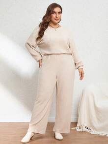 SHEIN Essnce Kích thước lớn Tay áo dài Sọc Áo liền quần - Màu be - Xem 4