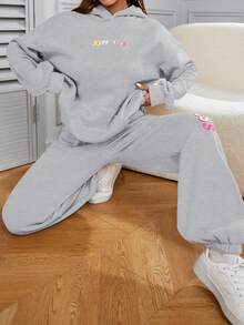 2pcs Letter Print Casual Sweatshirt Set - Grey - View 3