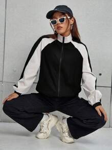 Flirla Color Blocking Zipper Front Raglan Sleeve Jacket Fall Winter Cloth For Women