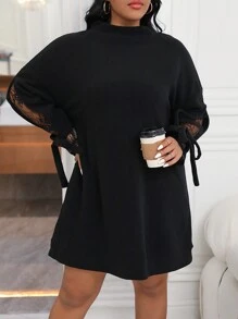 Calvaya Hơn Ren tương phản Knot Cuff Cổ giả Thả vai Đầm - màu đen - Xem 6