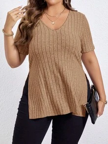 SHEIN Essnce 大碼下擺開叉條紋針織T恤 - 駝色 - 查看 3