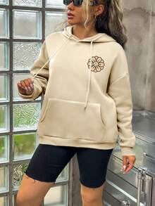 SHEIN EZwear 大码标语印花落肩卫衣 - 杏色 - 查看 7