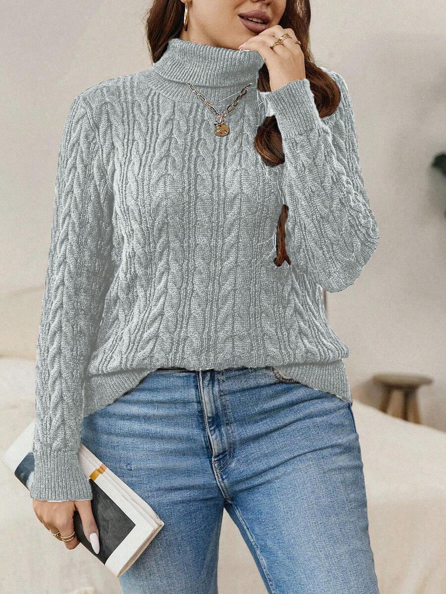 Calvaya Plus Turtleneck Cable Knit Sweater - Light Grey - View 1