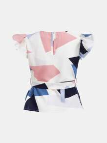 SHEIN Chicas Blusa con estampado geométrico ribete con fruncido con cinturón - Multicolor - Ver 2