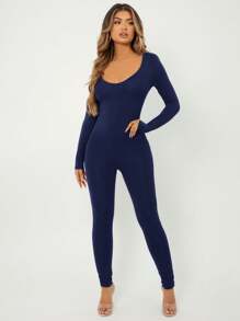 SHEIN SXY Solid Scoop Neck Unitard Jumpsuit - Navy Blue - View 5