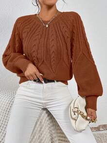 SHEIN Essnce Cable Knit Lantern Sleeve Sweater - Mocha Brown - View 4