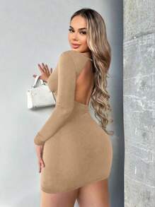 SHEIN SXY 素色緊身洋裝 - 卡其色 - 查看 2