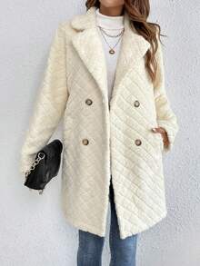 SHEIN Frenchy Double Breasted Lapel Neck Teddy Coat - Apricot - View 3