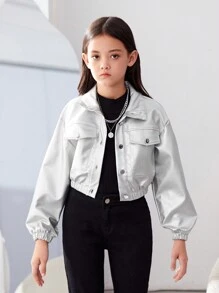 SHEIN Leap Crew Tween 女童纯色休闲长袖短款 PU 皮夹克 - 銀色 - 查看 4