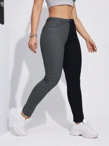 SHEIN EZwear Two Tone Skinny Jeans - Multicolor - View 3