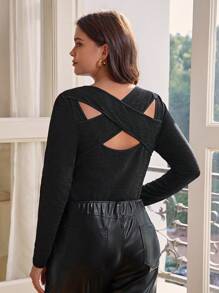 SHEIN Frenchy Women's Plus Size Back Crossed Bodysuit - Black - View 2