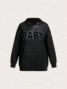 SHEIN EZwear 加大码字母拼接落肩卫衣 - 黑色 - 查看 1