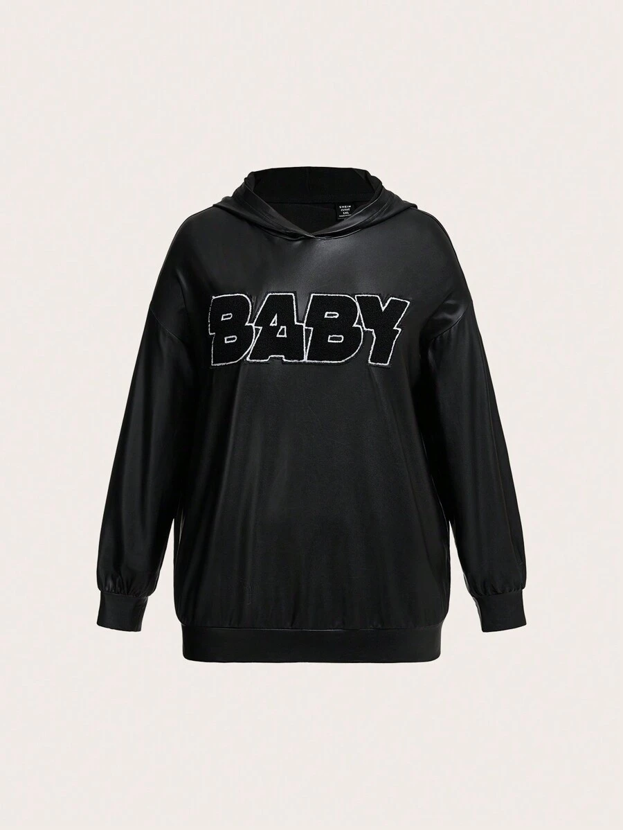 SHEIN EZwear 加大码字母拼接落肩卫衣 - 黑色 - 查看 1