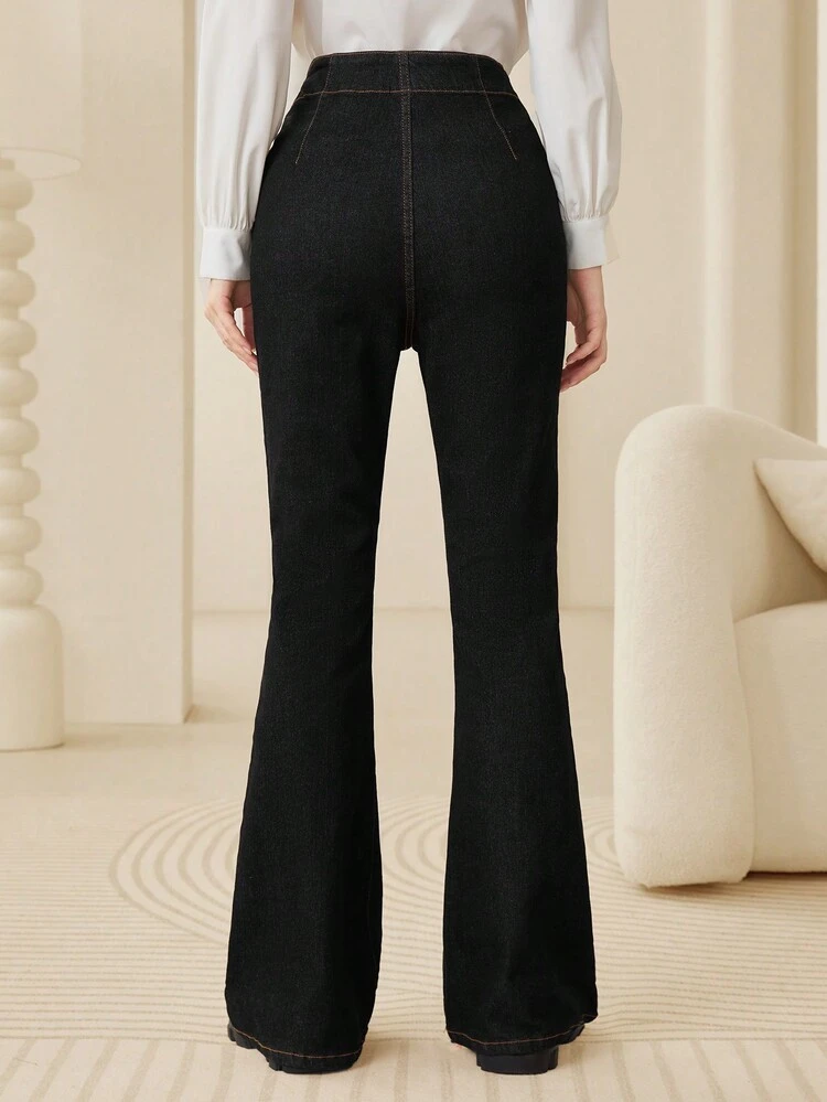 High Waist Tight-fit Elastic Black Comfortable Ladylike Versatile Button-front Flared Long Denim Pants