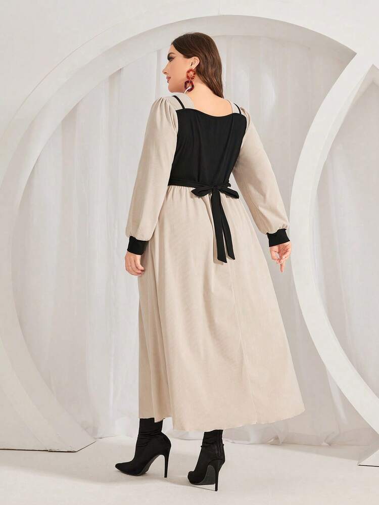 Plus Two Tone Tie Back 2 In 1 Dress Maxi Women Outfit Fall Cloth For Women