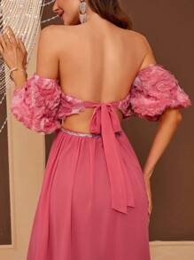 SHEIN Belle Vestido De Noche De Mujer Con Abertura Alta Y Hombros Descubiertos Con Estampado De Flores En 3d Y Diseño De Correa Trasera (resistente) - Rosa - Ver 7
