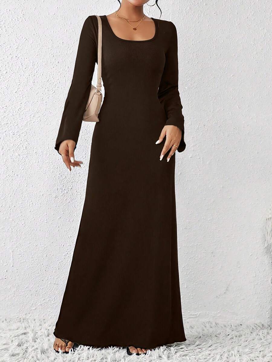 SHEIN LUNE Elegant Women's Scoop Neck Ribbed Dress Maxi Women Outfit Fall Cloth For Women - Mocha Brown - View 1