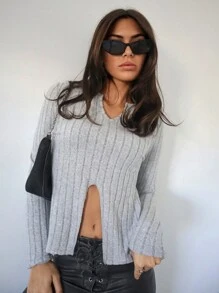 SHEIN Essnce 下擺開叉條紋圖案T恤 - 淺灰色 - 查看 1