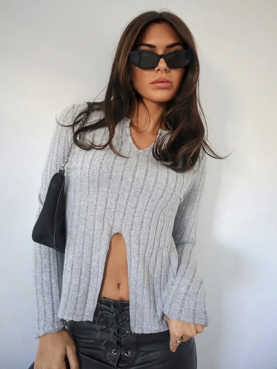 SHEIN Essnce 下擺開叉條紋圖案T恤 - 淺灰色 - 查看 1