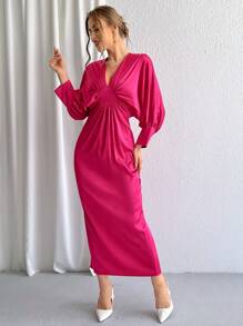 SHEIN Privé 深V領蝙蝠袖洋裝 - 玫紅色 - 查看 5