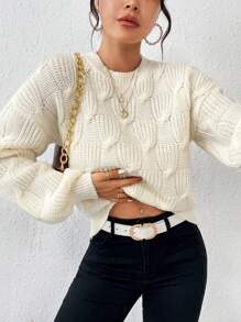 SHEIN Frenchy 紋理質感針織落肩袖套頭毛衣 - 米色 - 查看 4