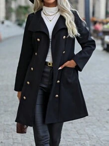 SHEIN Clasi Double Breasted Belted Overcoat - Black - View 5