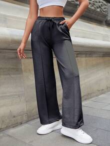 Cottnline Solid Color Drawstring Straight Leg Sweatpants - Navy Blue - View 4